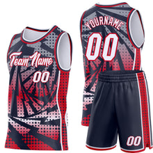 Load image into Gallery viewer, Custom Navy White-Red Lightning Gradient Dot Side Panel Stripe Round Neck Sublimation Basketball Set Jersey
