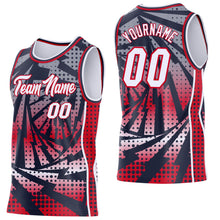 Load image into Gallery viewer, Custom Navy White-Red Lightning Gradient Dot Side Panel Stripe Round Neck Sublimation Basketball Set Jersey