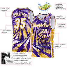 Laden Sie das Bild in den Galerie-Viewer, Custom Purple White-Gold Lightning Gradient Dot Side Panel Stripe Round Neck Sublimation Basketball Set Jersey