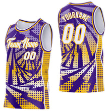 Laden Sie das Bild in den Galerie-Viewer, Custom Purple White-Gold Lightning Gradient Dot Side Panel Stripe Round Neck Sublimation Basketball Set Jersey