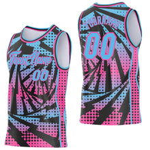 Laden Sie das Bild in den Galerie-Viewer, Custom Sky Blue Black-Pink Lightning Gradient Dot Side Panel Stripe Round Neck Sublimation Basketball Set Jersey