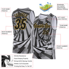 Load image into Gallery viewer, Custom Gray Black White-Old Gold Lightning Gradient Dot Side Panel Stripe Round Neck Sublimation Basketball Set Jersey