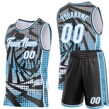Load image into Gallery viewer, Custom Sky Blue White-Black Lightning Gradient Dot Side Panel Stripe Round Neck Sublimation Basketball Set Jersey