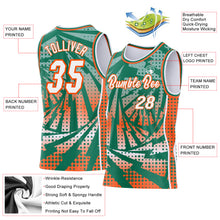 Laden Sie das Bild in den Galerie-Viewer, Custom Kelly Green White-Orange Lightning Gradient Dot Side Panel Stripe Round Neck Sublimation Basketball Set Jersey