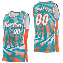 Load image into Gallery viewer, Custom Teal White-Orange Lightning Gradient Dot Side Panel Stripe Round Neck Sublimation Basketball Set Jersey