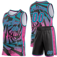 Load image into Gallery viewer, Custom Teal Black-Pink Lightning Gradient Dot Side Panel Stripe Round Neck Sublimation Basketball Set Jersey