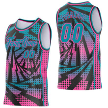 Load image into Gallery viewer, Custom Teal Black-Pink Lightning Gradient Dot Side Panel Stripe Round Neck Sublimation Basketball Set Jersey