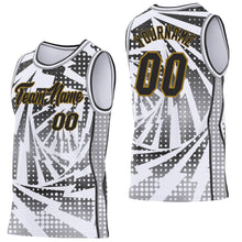 Load image into Gallery viewer, Custom White Black Gray-Old Gold Lightning Gradient Dot Side Panel Stripe Round Neck Sublimation Basketball Set Jersey