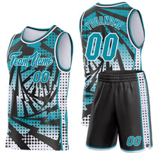 Load image into Gallery viewer, Custom Teal Black-White Lightning Gradient Dot Side Panel Stripe Round Neck Sublimation Basketball Set Jersey