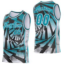 Load image into Gallery viewer, Custom Teal Black-White Lightning Gradient Dot Side Panel Stripe Round Neck Sublimation Basketball Set Jersey