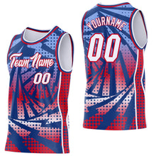 Load image into Gallery viewer, Custom Royal White-Red Lightning Gradient Dot Side Panel Stripe Round Neck Sublimation Basketball Set Jersey