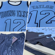 Load image into Gallery viewer, Custom Light Blue Navy Color Splash Round Neck Sublimation Basketball Suit Jersey
