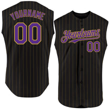 Charger l'image dans la galerie, Custom Black Old Gold Pinstripe Purple Authentic Sleeveless Baseball Jersey