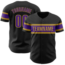 Laden Sie das Bild in den Galerie-Viewer, Custom Black Purple-Old Gold Authentic Baseball Jersey