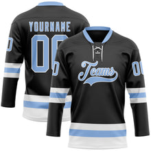 Load image into Gallery viewer, Custom Black Light Blue-White Hockey Lace Neck Jersey