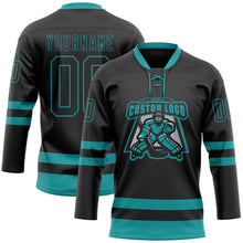 Load image into Gallery viewer, Custom Black Teal Hockey Lace Neck Jersey