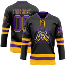 Загрузить изображение в средство просмотра галереи, Custom Black Purple-Gold Hockey Lace Neck Jersey