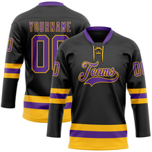 Загрузить изображение в средство просмотра галереи, Custom Black Purple-Gold Hockey Lace Neck Jersey