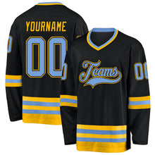 Загрузить изображение в средство просмотра галереи, Custom Black Light Blue-Gold Hockey Jersey