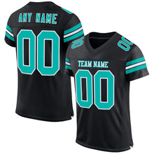 Laden Sie das Bild in den Galerie-Viewer, Custom Black Aqua-White Mesh Authentic Football Jersey