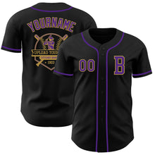 Laden Sie das Bild in den Galerie-Viewer, Custom Black Purple-Old Gold Authentic Baseball Jersey