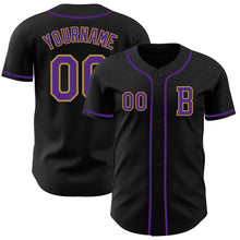 Laden Sie das Bild in den Galerie-Viewer, Custom Black Purple-Old Gold Authentic Baseball Jersey
