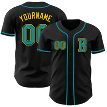 Laden Sie das Bild in den Galerie-Viewer, Custom Black Teal-Yellow Authentic Baseball Jersey