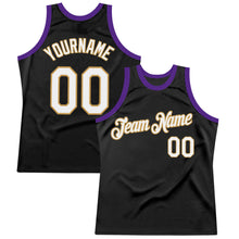 Загрузить изображение в средство просмотра галереи, Custom Black Old Gold-Purple Authentic Throwback Basketball Jersey