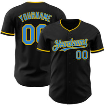 Load image into Gallery viewer, Custom Black Electric Blue-Yellow Authentic Baseball Jersey