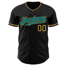 Load image into Gallery viewer, Custom Black Teal-Old Gold Authentic Baseball Jersey
