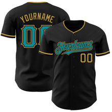 Load image into Gallery viewer, Custom Black Teal-Old Gold Authentic Baseball Jersey