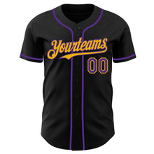Load image into Gallery viewer, Custom Black Purple-Gold Authentic Baseball Jersey