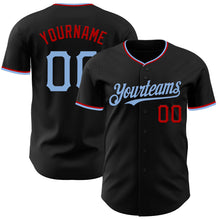 Load image into Gallery viewer, Custom Black Light Blue-Red Authentic Baseball Jersey