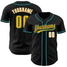 Load image into Gallery viewer, Custom Black Gold Teal-White Authentic Baseball Jersey