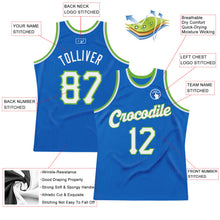 Laden Sie das Bild in den Galerie-Viewer, Custom Blue White-Neon Green Authentic Throwback Basketball Jersey