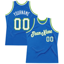 Laden Sie das Bild in den Galerie-Viewer, Custom Blue White-Neon Green Authentic Throwback Basketball Jersey
