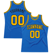 Load image into Gallery viewer, Custom Blue Gold-Black Authentic Throwback Basketball Jersey