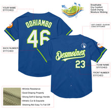 Load image into Gallery viewer, Custom Blue White-Neon Green Mesh Authentic Throwback Baseball Jersey