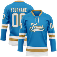 Загрузить изображение в средство просмотра галереи, Custom Blue White-Old Gold Hockey Lace Neck Jersey