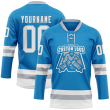 Загрузить изображение в средство просмотра галереи, Custom Blue White-Gray Hockey Lace Neck Jersey