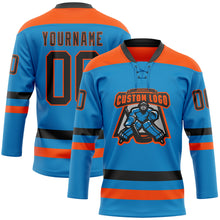 Laden Sie das Bild in den Galerie-Viewer, Custom Blue Black-Orange Hockey Lace Neck Jersey