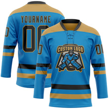 Laden Sie das Bild in den Galerie-Viewer, Custom Blue Black-Old Gold Hockey Lace Neck Jersey