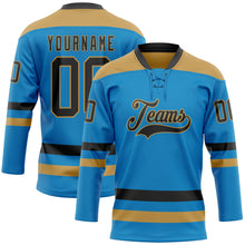 Laden Sie das Bild in den Galerie-Viewer, Custom Blue Black-Old Gold Hockey Lace Neck Jersey
