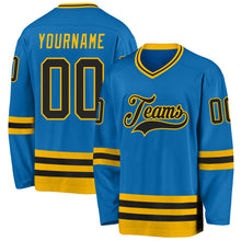 Load image into Gallery viewer, Custom Blue Black-Gold Hockey Jersey