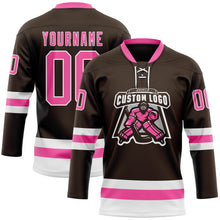 Laden Sie das Bild in den Galerie-Viewer, Custom Brown Pink-White Hockey Lace Neck Jersey