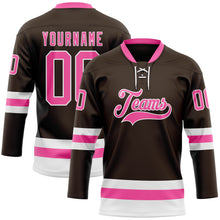 Laden Sie das Bild in den Galerie-Viewer, Custom Brown Pink-White Hockey Lace Neck Jersey