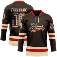 Laden Sie das Bild in den Galerie-Viewer, Custom Brown Vintage USA Flag Cream-Red Hockey Lace Neck Jersey