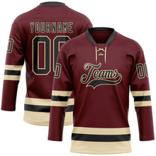 Laden Sie das Bild in den Galerie-Viewer, Custom Burgundy Black-Cream Hockey Lace Neck Jersey