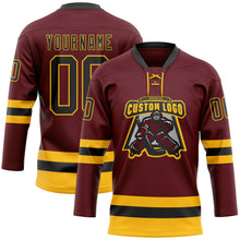 Load image into Gallery viewer, Custom Burgundy Black-Gold Hockey Lace Neck Jersey