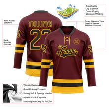 Load image into Gallery viewer, Custom Burgundy Black-Gold Hockey Lace Neck Jersey